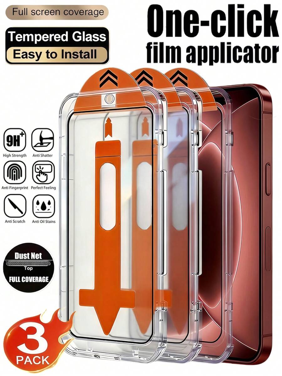 3pcs HD Tempered Glass Screen Protector, One-Click Installation Dust-Free Box, Full Coverage, 9H+ High Hardness, Aluminum Silk Screen Printing Process, Phone Screen Protector, Compatible With IPhone 18 Pro Max 17 16 15 Plus 14 13 12 11 Series, Anti-Explosion, Anti-Scratch, Earphone Hole Dust-Proof, Bubble-Free, Auto-Adsorption, Smooth Anti-Oil, Protective Film