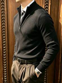 Old Money Style Men's Fashion Versatile Half-Zip Pullover Sweater - Black - View 2