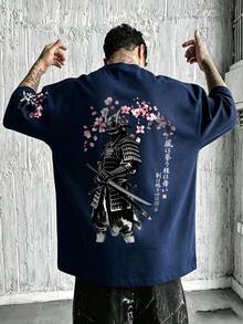 男士夏季時尚日式櫻花武士印花圓領短袖T恤 - 藏蓝色 - 查看 1