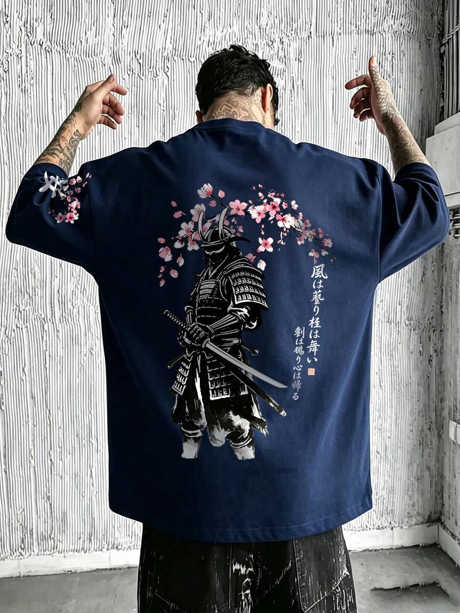 男士夏季時尚日式櫻花武士印花圓領短袖T恤 - 藏蓝色 - 查看 1