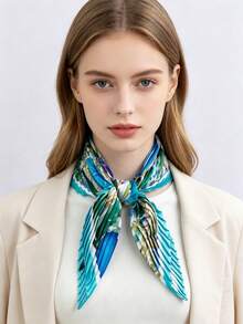 1pc New Watercolor Style Large Floral Pleated Silk Scarf, Satin Pointed Triangular Bandana, Spring/Summer Outfit Accessory, Bag Decoration Small Scarf - Multicolor - View 1