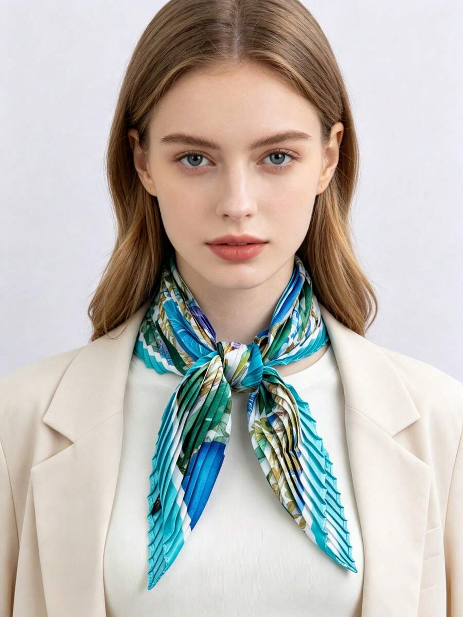 1pc New Watercolor Style Large Floral Pleated Silk Scarf, Satin Pointed Triangular Bandana, Spring/Summer Outfit Accessory, Bag Decoration Small Scarf - Multicolor - View 1
