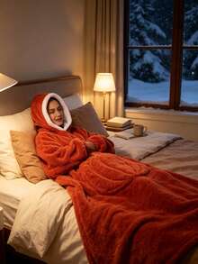 Hooded Pumpkin Wearable Blanket Bathrobe, Suitable For Cold Weather, Multiple Colors Available: Beige, Light Gray, Navy Blue, Orange Red, Pumpkin Embossed Pattern, Heavyweight Thickened Flannel Lining With Lamb Fleece, Long Pile Texture - Multicolor - View 5