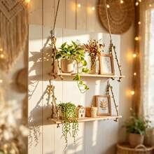 2pcs Wooden Hanging Wall Shelf, Bohemian Style Wall Decor Shelf, Succulent Plant Display Rack, Wall Storage Rack, Home Decor Wall Shelf, Wall Decoration Display Rack - 2pcs - View 3