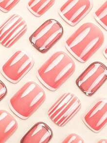 24pcs Rectangular French Style White Edge Acrylic Fake Nails, 3D Striped Design, Includes Jelly Glue And Nail File - Multicolor - View 4