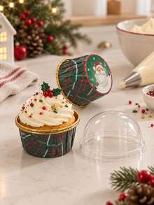 30 Pcs Christmas Plaid Cupcake Containers With Clear Dome Lids, Rolled Rim Dessert Holders For Holiday Parties, Weddings, Bakery Displays And Gift Packaging - Green - View 3