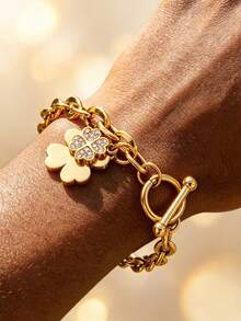 1pc Fashion Stainless Steel Toggle Chain Clover Charms Four Leaves Pendant Bracelet , Women's Charms Bracelet ,Love Bracelet For Women Daily Wear - Yellow Gold - View 5