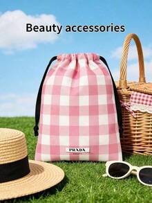 Prada Pink Plaid Drawstring Bag; Minimalist High-End Cosmetic Bag; Professional Counter Portable Storage Handbag; Handbag - Pink - View 2