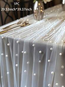 1pc Delicate Romantic Pearl Decor Chiffon Table Runner, White, Suitable For Wedding, Couple Date, Holiday Party Decoration - Imitation Pearl Mesh - View 10