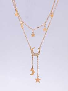 1pc Versatile Double-Layer Tassel Star & Moon Necklace, Lightweight & Luxurious, Fashionable & Unique, Niche Design, Choker Necklace - Double-layered Star and Moon Tassel Necklace - View 6