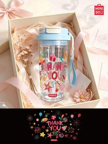 MINISO Transparent Water Cup, Cute Colorful Letter Pattern Coffee Cup, Fresh And Clean, 550ML Transparent Water Cup, Straw, Travel Easy To Carry; Valentine's Day Gift. - Baby Blue - View 5