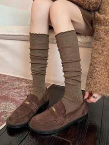 1 Pair Ruffled Thigh High Socks, Suitable For Boots, Women's Spring/Autumn JK Socks, White Ruffled Over-The-Knee Socks, Knee-High Boots, Leg Warmers - Multicolor - View 6