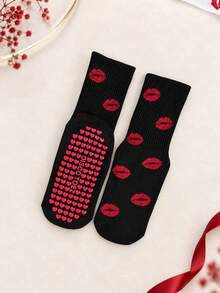 1/4 Pair Women's Heart-Shaped Anti-Slip Silicone Pilates Socks, Red Lip Print Jacquard Mid-Calf Yoga Socks, Suitable For Gym And Daily Wear, Valentine's Day Theme Gift Socks - Multicolor - View 4
