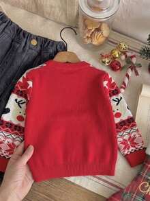 Young Boy Autumn/Winter Casual Christmas Fun Cute Cartoon Pattern Crew Neck Sweater - Red - View 3