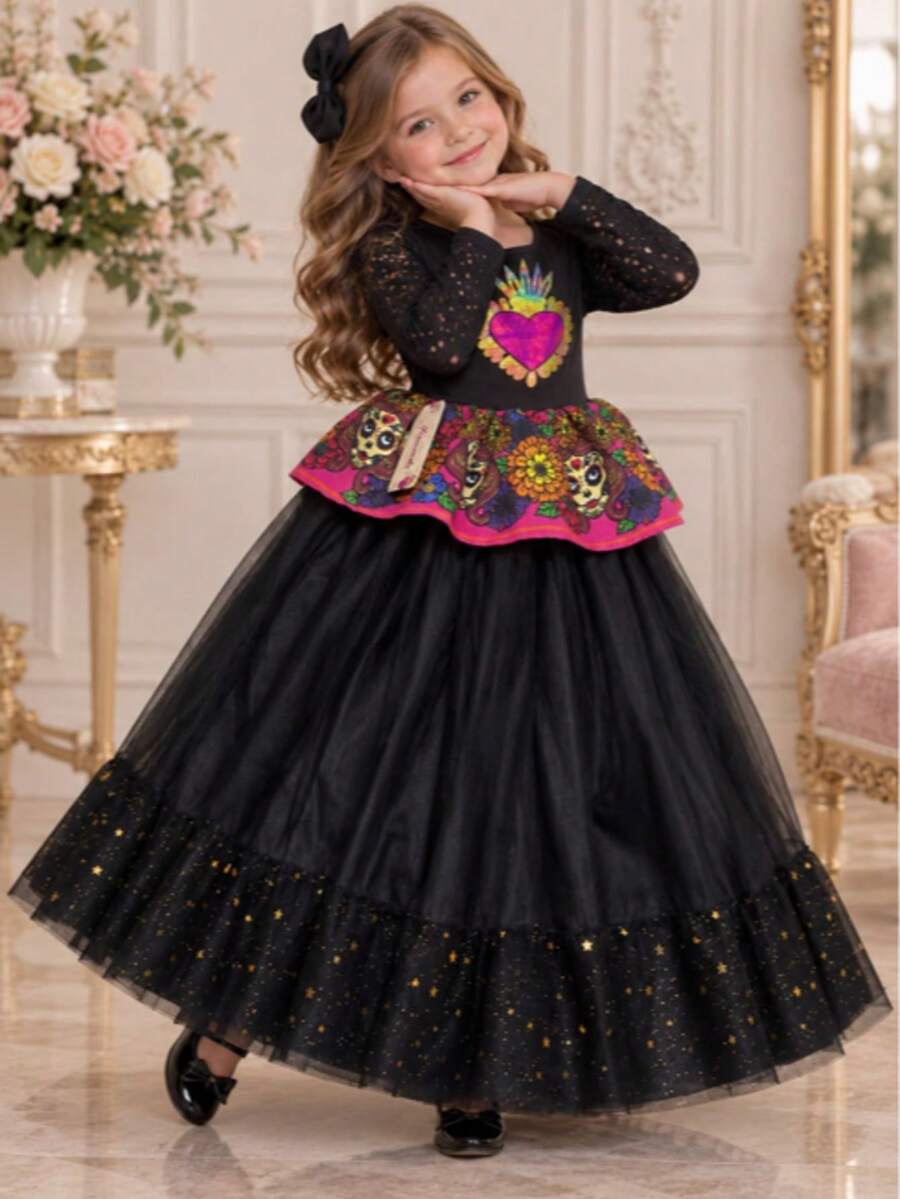 Vestido Infantil Mexicano de Catrina con Falda de Tul Negro y Detalles Brillantes - Negro - Ver 1