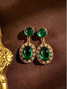 1pc Fashion Vintage Geometric Round And Oval Hollow Carved Emerald Green And Red Rhinestone Earrings, Suitable For Evening Party And Daily Wear - Oval Earrings - View 6