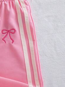 Autumn/Winter Baby Girl Cute Casual Pink Round Neck Bow Print Loose Sweatshirt & Pink Jogger Pants Versatile Commute Outfit - Pink - View 2