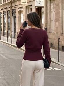 Women's Burgundy Ribbed V-Neck Sweater With Gold Button Decoration, Autumn/Winter Long Sleeve Regular Fit Pullover - Burgundy - View 6