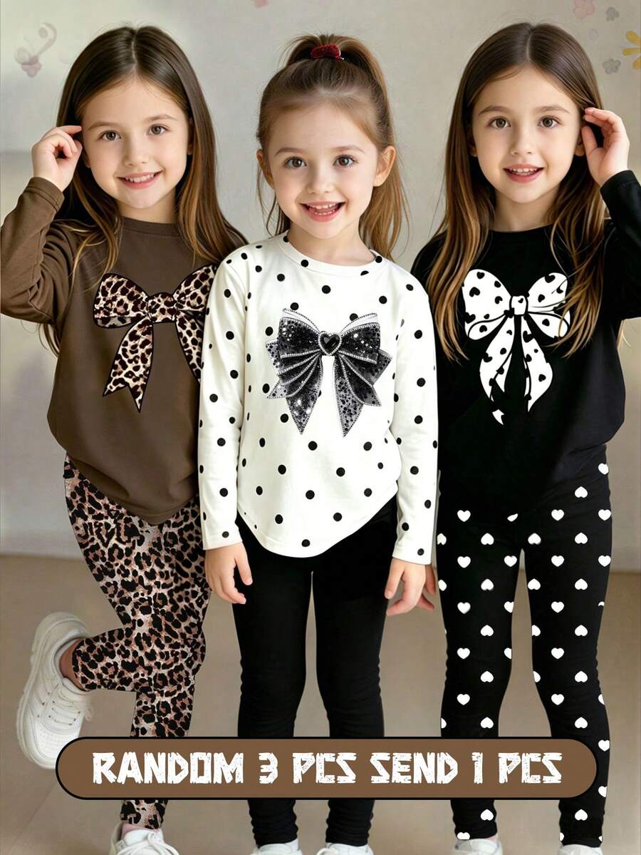 Random 6pcs/Set Girls Casual Fashion Cute Bow, Polka Dot, Heart, Leopard Print Long Sleeve And Leggings Set, School, Back To School Comfortable Daily Wear - Multicolor - View 1