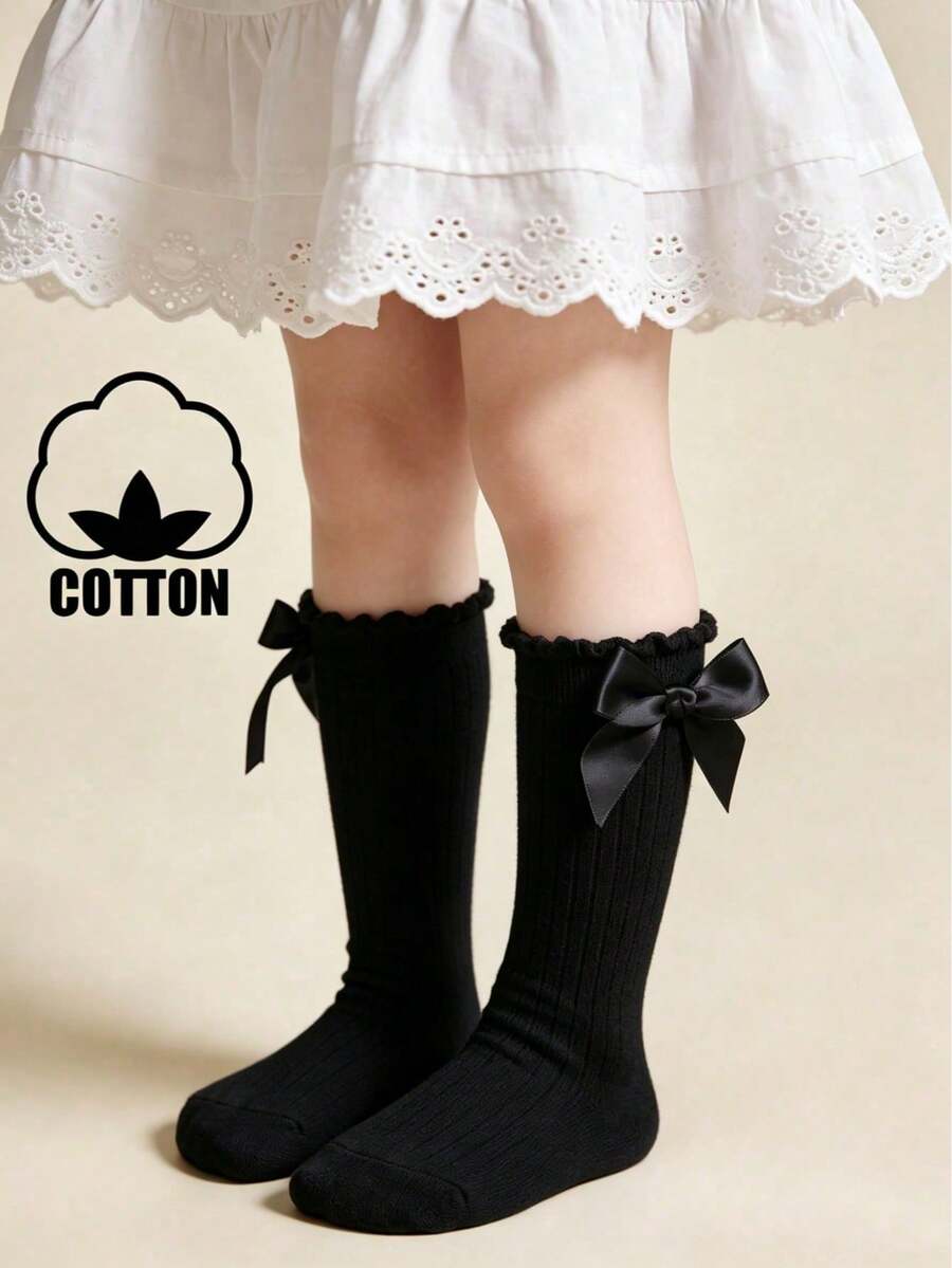 1 Pair Cotton Girls/Toddlers Bow Solid Color Knee High Socks, School Style - Black - View 1