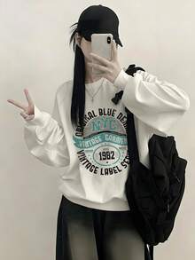 女款時尚秋冬寬鬆休閒百搭字母印花圓領衛衣 - 白色 - 查看 4