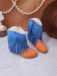 Girls' Children's Short Mid-Calf Boots, Glitter Embroidered Tassel High Heel Western Boots, Color Block Round Toe Side Zipper - Orange - View 7