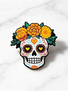 Day Of The Dead Floral Crown Sugar Skull Brooch, Black-Edged Colorful Pattern Skull With Orange-Yellow Marigold Flower Wreath Design, Dark Holiday Style Decoration Accessory For Coat, Sweater, Backpack, Hat - A - View 9