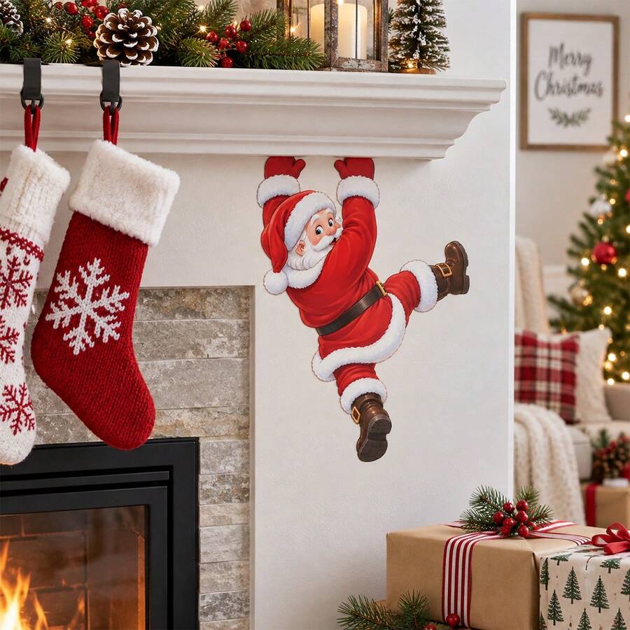 Fun Hanging Santa Claus Stickers, Christmas Wall Decals, Climbing Santa Door Decor, Holiday Home Decoration, Removable Christmas Stickers For Doors, Refrigerators, Car Windows, Walls, Christmas Party Decor - Christmas Wall Decals - View 1