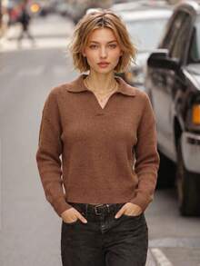 Brown Polo Collar V-Neck Split Short Knit Sweater, Drop Shoulder Long Sleeve Solid Color Casual Pullover, Women's - Coffee - View 1