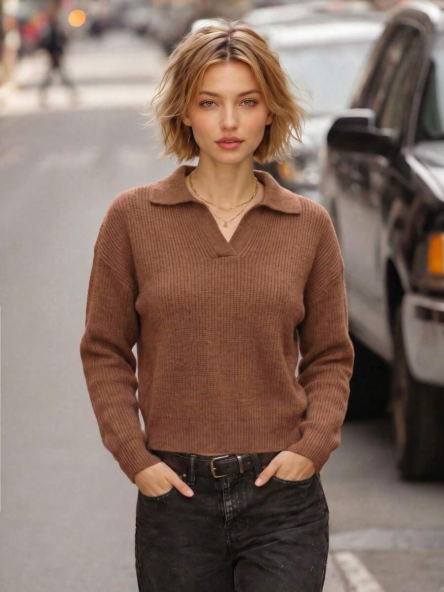 Brown Polo Collar V-Neck Split Short Knit Sweater, Drop Shoulder Long Sleeve Solid Color Casual Pullover, Women's - Coffee - View 1