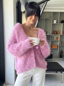 Senya 2026 Women's Pink Fluffy Knit Cardigan, Loose V-Neck Button Front Sweater, Plush Luxury, Sweet And Cute, Suitable For Autumn/Winter Wear, Fashionable And Versatile - Pink - View 3