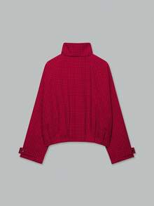 ACKCER Women's Autumn/Winter Red & Black Small Plaid Stand Collar Zipper Raglan Sleeve Loose Short Jacket - Red - View 7