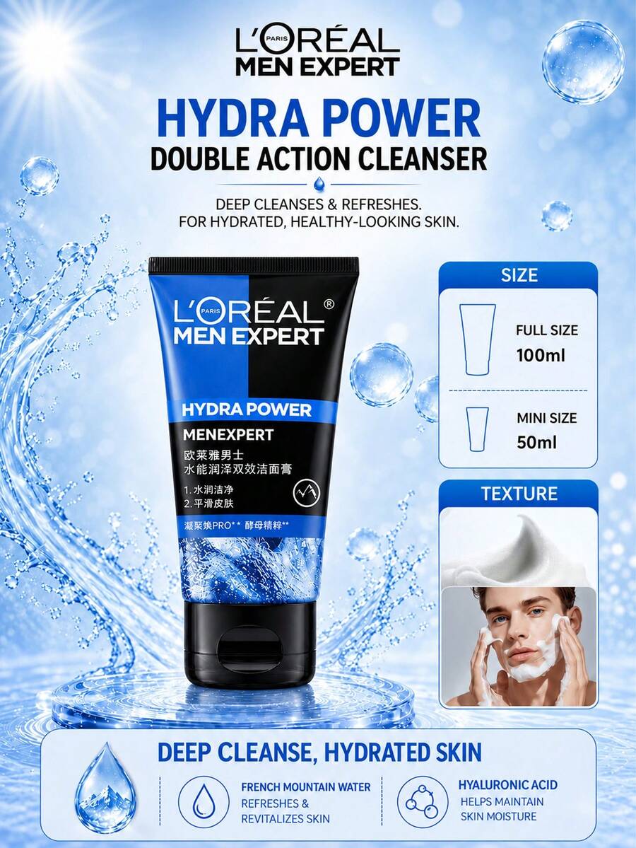 L’Oreal Paris L'Oreal 男士保濕雙效潔面乳 50/100ml，深層清潔毛孔、控油、提亮膚色，適合油性與敏感肌膚