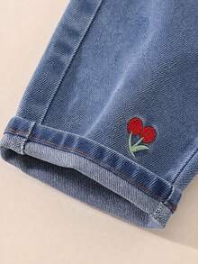 Baby Girls Denim Overalls Long Pants, Sweet Cherry Embroidery, Vintage Casual Daily Wear, Soft Denim Fabric, Loose Straight Leg, Spring & Autumn - Blue - View 9