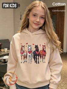 Autumn Winter Girls Fleece Hoodie With Four Horses Print Red Hearts Y2K - Apricot - View 4