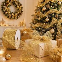 1 Roll Gold Glitter Mesh Ribbon With Metallic Edge, 5cm Wide, 5m Per Roll. Features Shiny Transparent Mesh With Large Sequins And Flexible Metallic Edge. Suitable For Making Bows, Christmas Trees - Multicolor - View 9