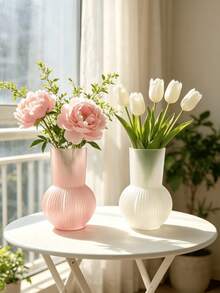 1pc Vertical Stripe Semi-Transparent Vase, Round Bulbous Shape, Soft Pink And White Dual Color Options, Transparent Texture, Stable Bottom Anti-Tip, Living Room Bedroom Desktop Soft Decor, Atmospheric Home Ornament, Exquisite Gift Item - Translucent - View 5