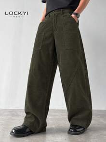 1pc Men's Spring/Autumn Streetwear College Style Corduroy Multi-Pocket Wide Leg Casual Long Pants - Green - View 1