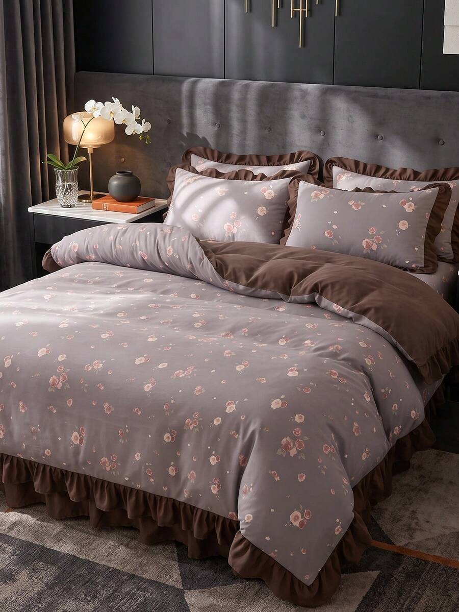 2/3pcs Ruffle Duvet Cover Set, Vintage Rose Print, Comfortable Bedroom Decor, Skin-Friendly Breathable, Ultra Soft Anti-Pilling, No Duvet Insert, Suitable For Twin/Full/Queen/King Size Bed, All Season, Machine Washable, Back To School