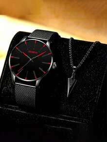 4pcs Men's Simple Black Mesh Watch With Spear Pendant Set,Ultra-Thin Quartz Watch Fashion Casual Formal Watch Men's Gift Suitable For Daily Wear Gift - Red - View 1