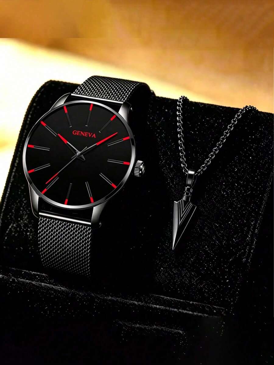 4pcs Men's Simple Black Mesh Watch With Spear Pendant Set,Ultra-Thin Quartz Watch Fashion Casual Formal Watch Men's Gift Suitable For Daily Wear Gift - Red - View 1