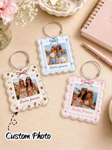 Personalized Pet Photo Bag Charm, Fan-Shaped Frame Bow Floral Plaid Backpack Accessory - Multicolor - View 1