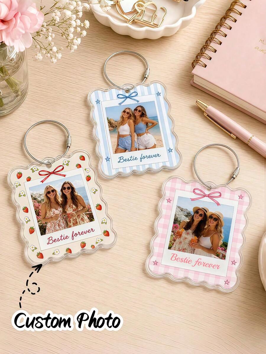 Personalized Pet Photo Bag Charm, Fan-Shaped Frame Bow Floral Plaid Backpack Accessory - Multicolor - View 1