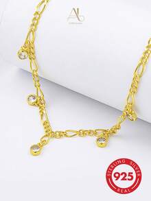 1pc Shiny S925 Sterling Silver Gold Plated Figaro Chain With 5 Bezel-Set White Zirconia Beads, Adjustable Extension Ankle Chain, Atmospheric Accessory For Women - Gold - View 2