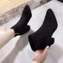 Pointed Toe Chunky Heel Ankle Boots Black Suede Side Zipper Slim Fit High Heel Fashion Boots - Black - View 2