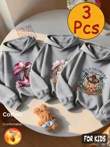 Fall/Winter 3 Pieces Set: Girls' Fleece Hoodie With Denim Boots, Featuring Horse, Floral, And Text Prints, Gray Long-Sleeve Soft Y2K Style - Heather Gray+Heather Gray+Heather Gray - View 1