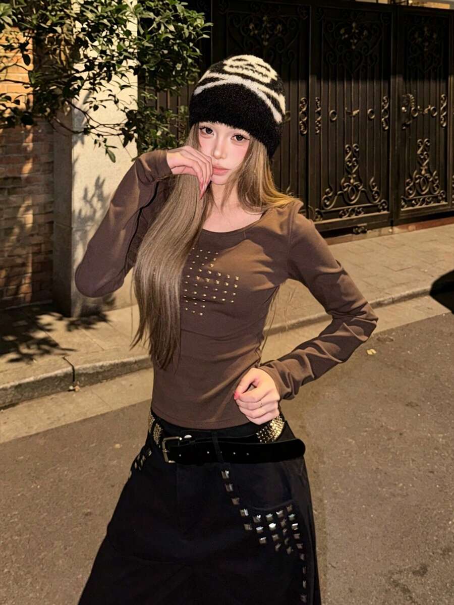 American Style Cross Rhinestone Round Neck Long Sleeve T-Shirt - Brown - View 1