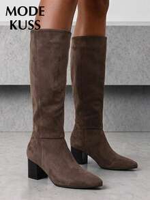 MODE KUSS Women's Popular Pointed Toe Chunky Heel Knee-High Boots - Brown - View 3