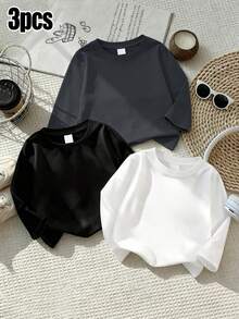 3pcs/Set Boys Long Sleeve T-Shirts, Basic Crew Neck Black Gray White Set, Spring/Autumn - Multicolor - View 2