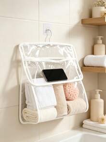1pc Clear Transparent Hanging Storage Bag, Simple Style PVC Rectangular Organizer With Dual Compartment Design, Wall Mount Pouch For Holding Towels And Small Items For Bathroom Daily Home Use - Multicolor - View 8